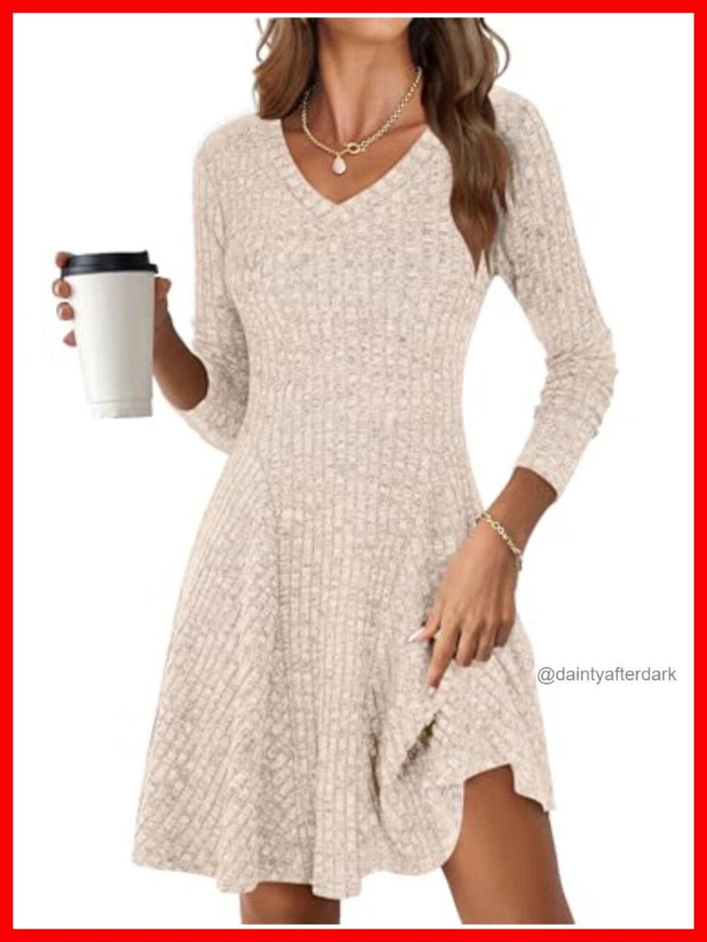 Ribbed Knit Long Sleeve Sweater Dress V-Neck Knee Length Pull On Casual Fall